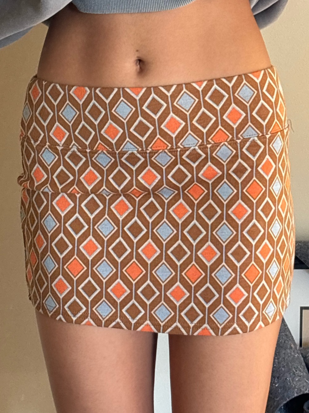 Urban Outfitters Brown Mini Skirt with Orange & Light Blue Geometric Print